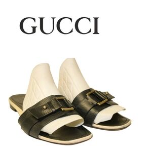Sale Gucci Slides Womens Size 8.5 B Embossed Leather Buckle Sandals Italy Shoes